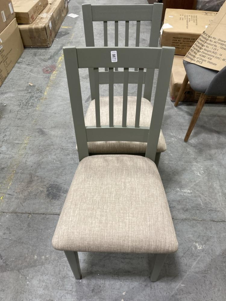 Lot 778  
            Chesterfield SR38 - Collection or Optional Delivery Available 

                
DFS SET OF 2 DARK PAINTED OAK SLAT BACK DINING CHAIR IN MUTED GREEN / BEIGE (LOCA...