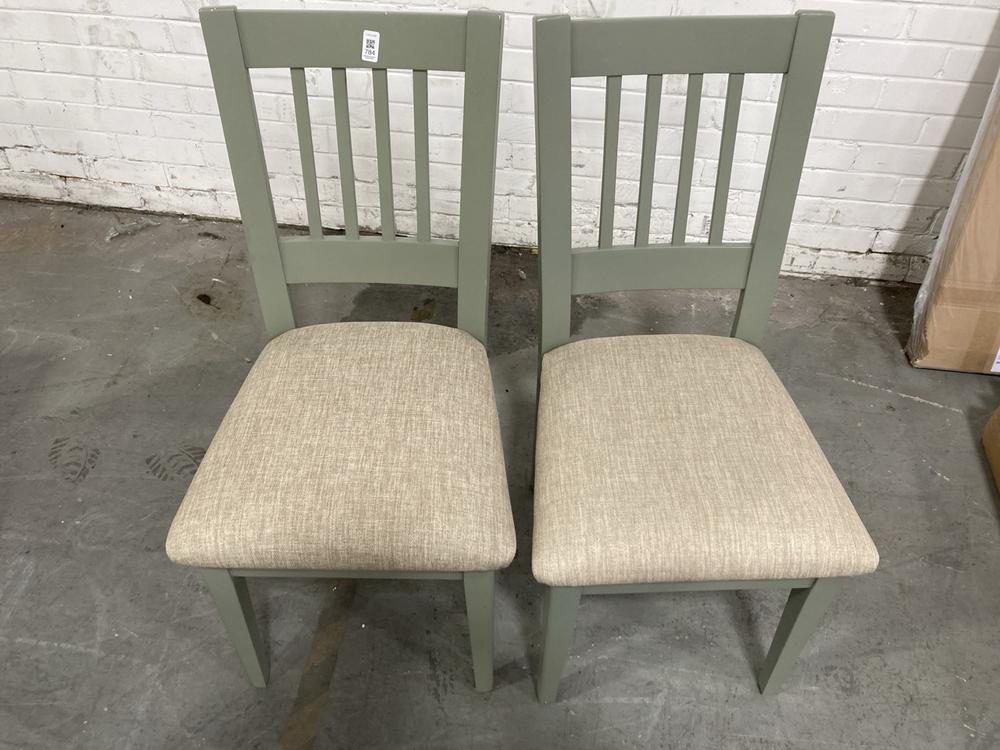 Lot 784  
            Chesterfield SR38 - Collection or Optional Delivery Available 

                
DFS SET OF 2 DARK PAINTED OAK SLAT BACK DINING CHAIR IN MUTED GREEN / BEIGE (LOCA...