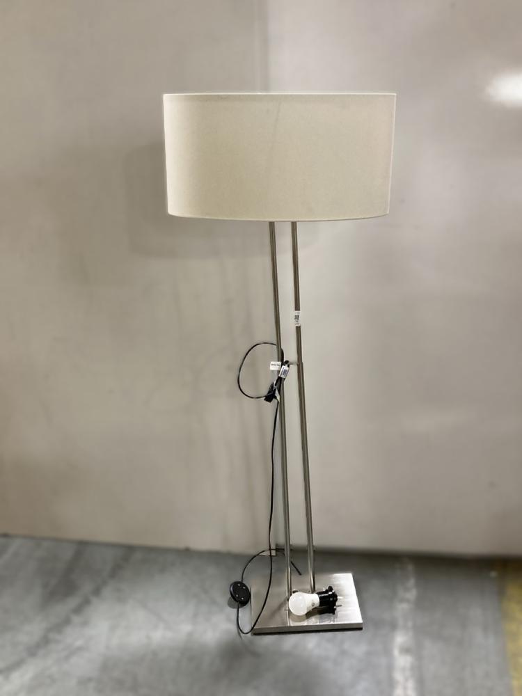 Lot 78  
            Chesterfield SR38 - Collection 

                
DFS RECTANGULAR BASE FLOOR LAMP IN CHROME WITH OVAL OFF WHITE LAMP SHADE (COLLECT...