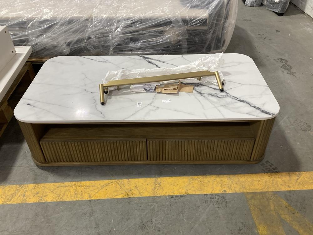 Lot 796  
            Chesterfield SR38 - Collection 

                
DFS COFFEE TABLE IN WOOD / WHITE MARBLE EFFECT FINISH (COLLECTION ONLY) (LOCATION...