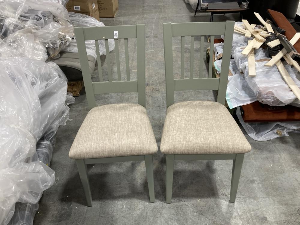 Lot 803  
            Chesterfield SR38 - Collection or Optional Delivery Available 

                
DFS SET OF 2 DARK PAINTED OAK SLAT BACK DINING CHAIR IN MUTED GREEN / BEIGE (LOCA...