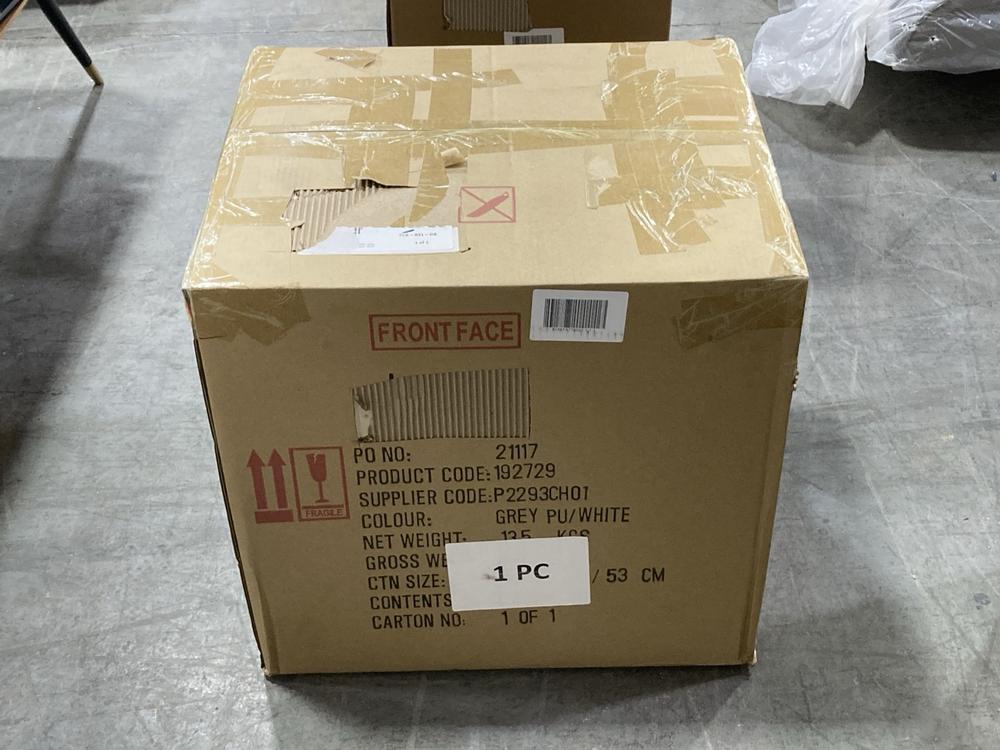 Lot 810  
            Chesterfield SR38 - Collection or Optional Delivery Available 

                
DFS TULIP CHAIR IN GREY PU / WHITE (LOCATION: SR38 A7)