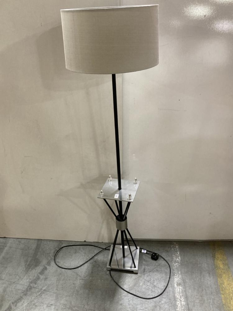 Lot 81  
            Chesterfield SR38 - Collection 

                
DFS SQUARE BASE FLOOR LAMP IN CHROME / BLACK WITH GREY / SILVER LAMP SHADE (COLLE...
