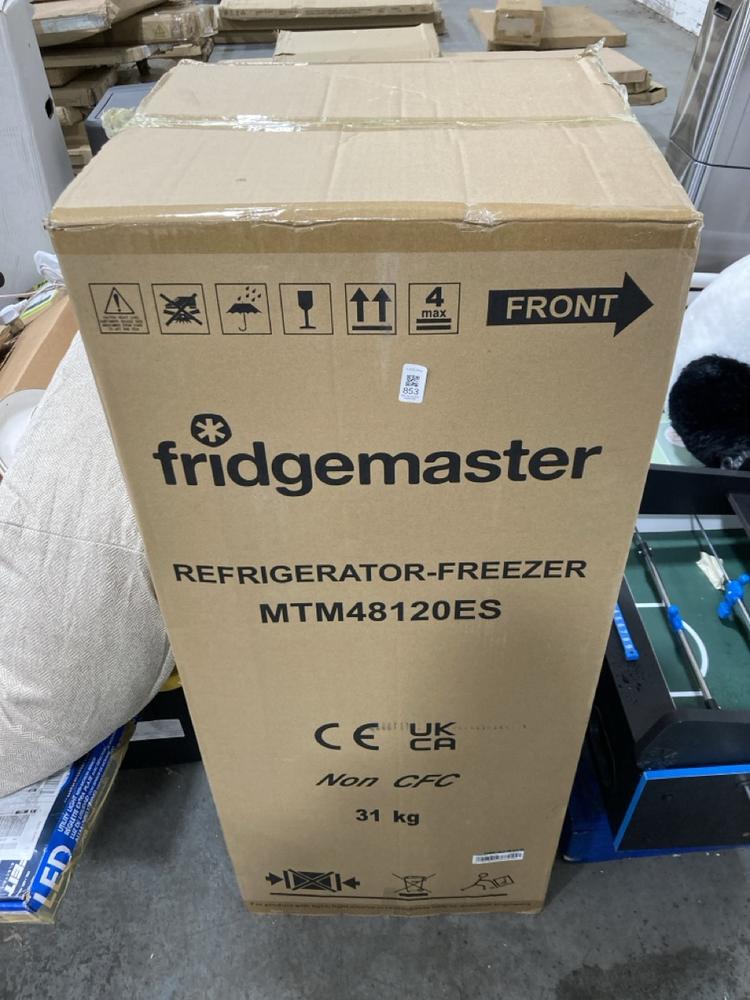 Lot 853  
            Chesterfield SR38 - Collection or Optional Delivery Available 

                
FRIDGEMASTER 48CM FREESTANDING FRIDGE FREEZER IN SILVER - MODEL NO. MTM48120ES - ...