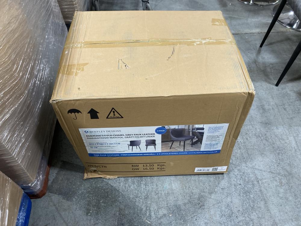 Lot 858  
            Chesterfield SR38 - Collection or Optional Delivery Available 

                
BENTLEY DESIGNS FINCH DIAMOND STITCH SET OF 2 CHAIRS IN GREY FAUX LEATHER (LOCATI...