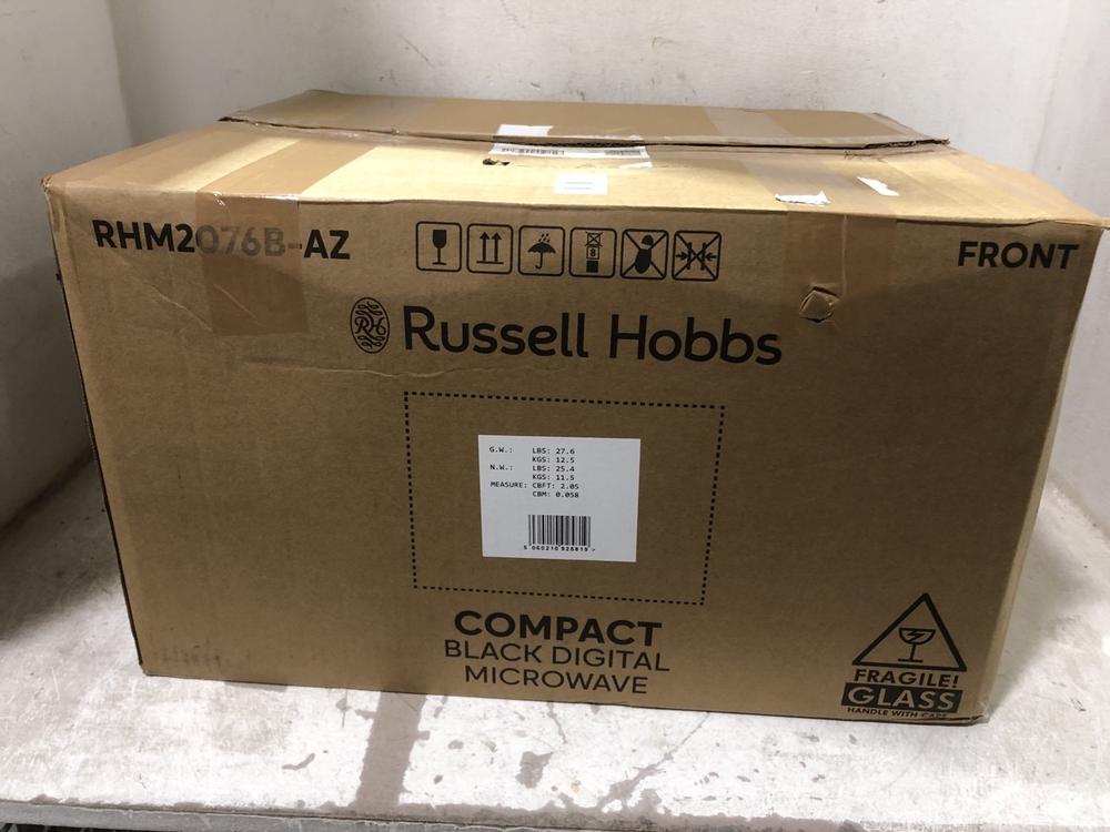 Lot 1000  
            Chesterfield SR45 - Parcel Delivery Only 

                
RUSSELL HOBBS COMPACT BLACK DIGITAL MICROWAVE RHM2076B-AZ (LOCATION: D8)