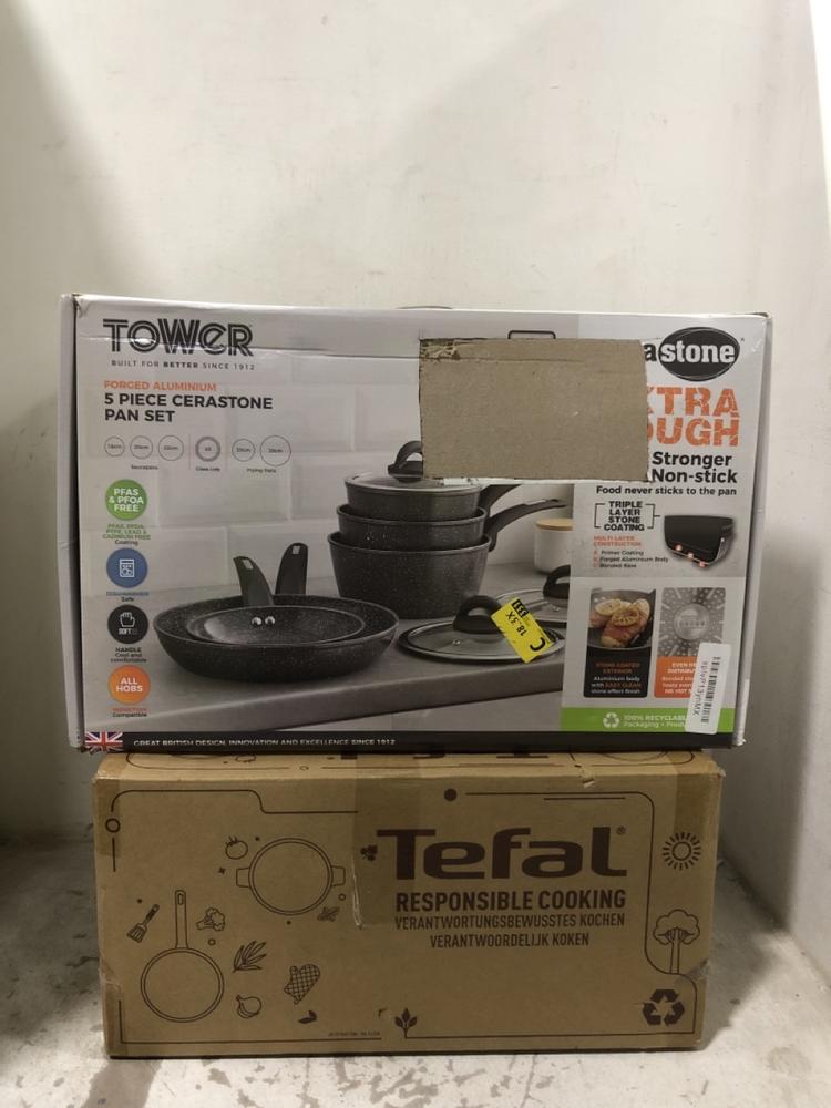 Lot 1001  
            Chesterfield SR45 - Parcel Delivery Only 

                
TOWER FORGED ALLUMINUM 5 PIECE CERASTONE PAN SET TO INCLUDE TEFAL COMFORT MAX 5 P...