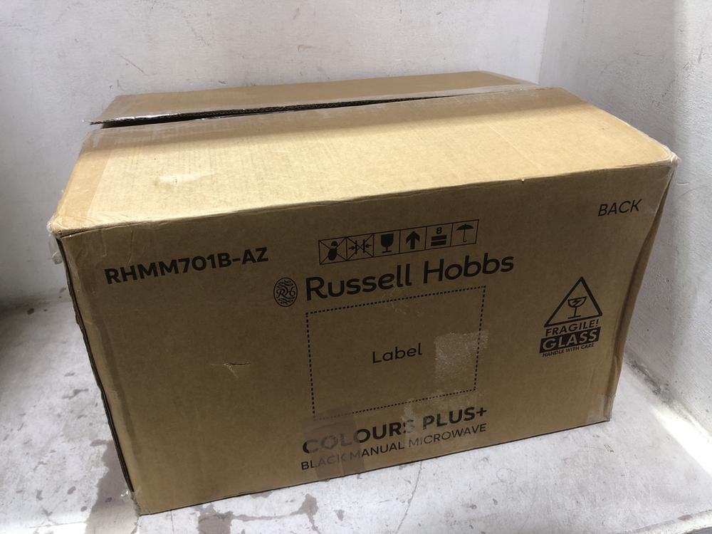 Lot 1012  
            Chesterfield SR45 - Parcel Delivery Only 

                
RUSSELL HOBBS COLURS PLUS BLACK MANUAL MICROWAVE RHMM701B-AZ (LOCATION: D8)