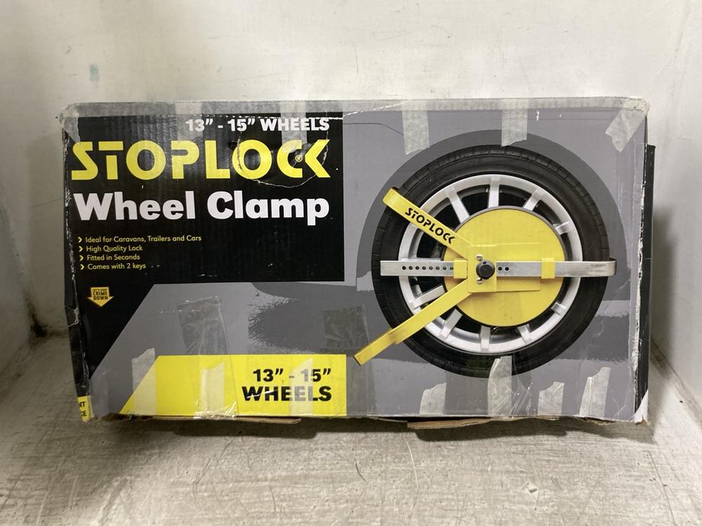 Lot 1049  
            Chesterfield SR45 - Parcel Delivery Only 

                
STOPLOCK WHEEL CLAMP 13" -15" WHEELS (LOCATION: D10)