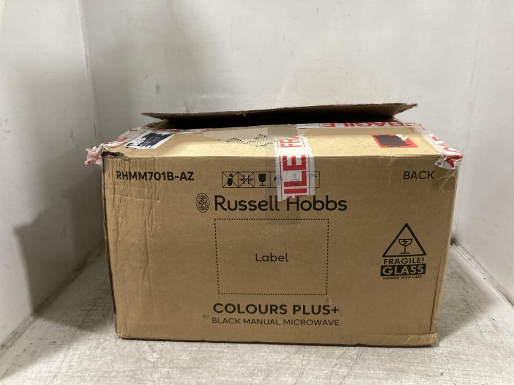 Lot 1052  
            Chesterfield SR45 - Parcel Delivery Only 

                
RUSSELL HOBBS COLOURS PLUS BLACK MANUAL MICROWAVE RHMM701B-AZ (LOCATION: D10)