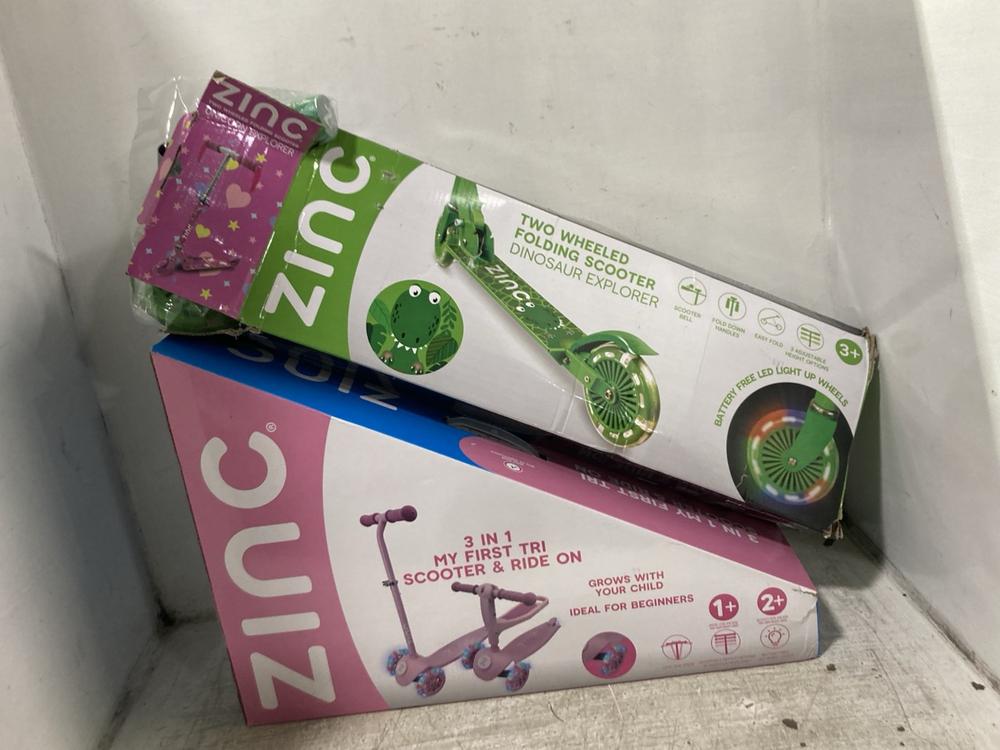 Lot 1055  
            Chesterfield SR45 - Parcel Delivery Only 

                
ZINC 3 IN 1 MY FIRST TRI SCOOTER & RIDE ON TO INCLUDE ZINC DINO TWO WHEELED FOLDI...