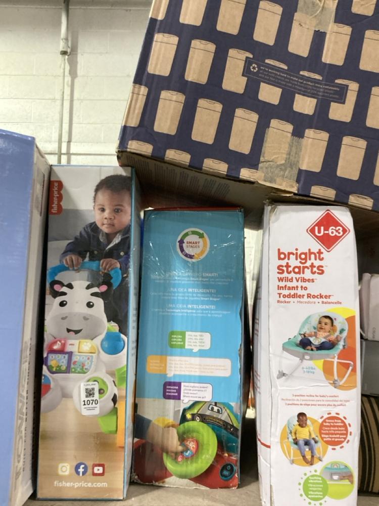 Lot 1070  
            Chesterfield SR45 - Parcel Delivery Only 

                
4X ASSORTED BABY ITEMS TPOO INCLUDE BRIGHTB STAS WILD VIBES INFANT TO TODDLER ROC...