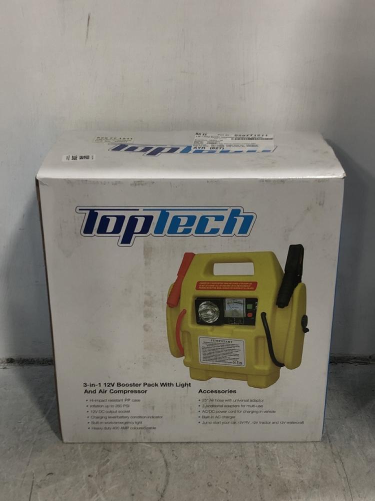 Lot 108  
            Chesterfield SR45 - Parcel Delivery Only 

                
TOP TECH 3 IN 1 12V BOOSTER PACK WITH LIGHT AND AIR COMPRESSOR (LOCATION: F1)