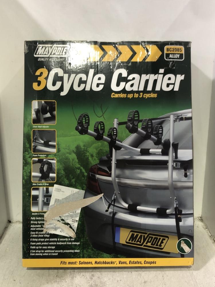 Lot 1102  
            Chesterfield SR45 - Parcel Delivery Only 

                
MAYPOLE 3 CYCLE CARRIER CARRIUES UP TO 3 CYCLES (LOCATION: C2)