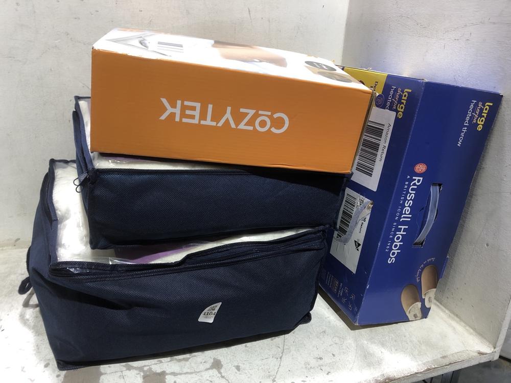 Lot 1104  
            Chesterfield SR45 - Parcel Delivery Only 

                
4X ASSORTED ITEMS TO INCLUDE RUSSELL HOBBS LARGE SHERPA HEATED THROW (LOCATION: C3)