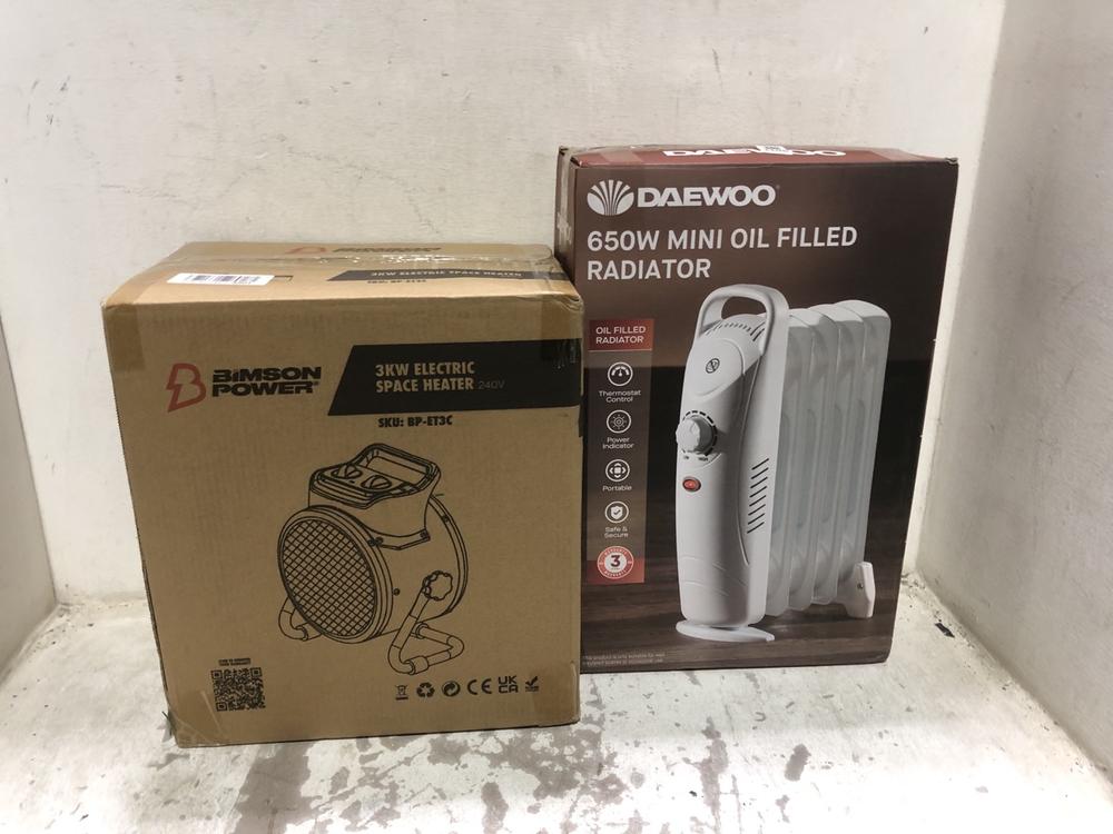 Lot 1105  
            Chesterfield SR45 - Parcel Delivery Only 

                
BIMSON POWER 3KW ELECTRIC SPACE HEATER TO INCLUDE DAEWOOD 650W MINI OIL FILLED RA...