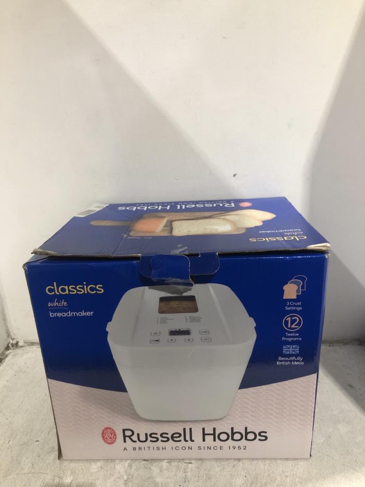 Lot 1129  
            Chesterfield SR45 - Parcel Delivery Only 

                
RUSSEL HOBBS CLASSIC WHITE BREADMAKER TO INCLUDE RUSSELL HOBBS INSPIRE WHITE 4 SL...