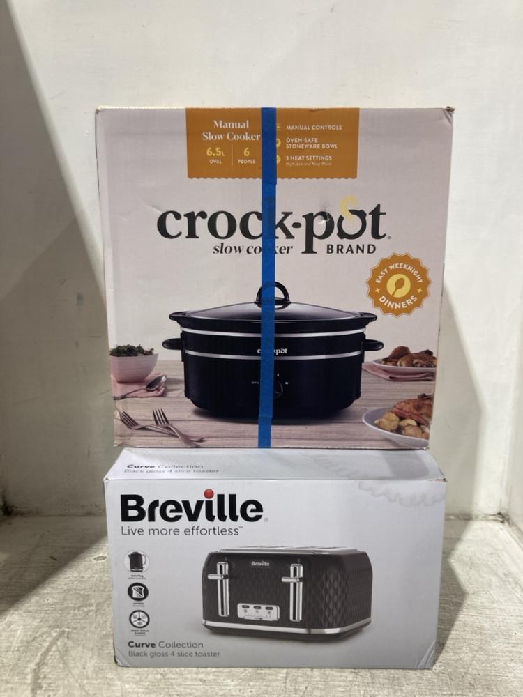 Lot 1147  
            Chesterfield SR45 - Parcel Delivery Only 

                
BREVILLE CURVE COLLECTION 4 SLICE TOASTER TO INCLUDE CROCK POT MANUAL SLOW COOKER...