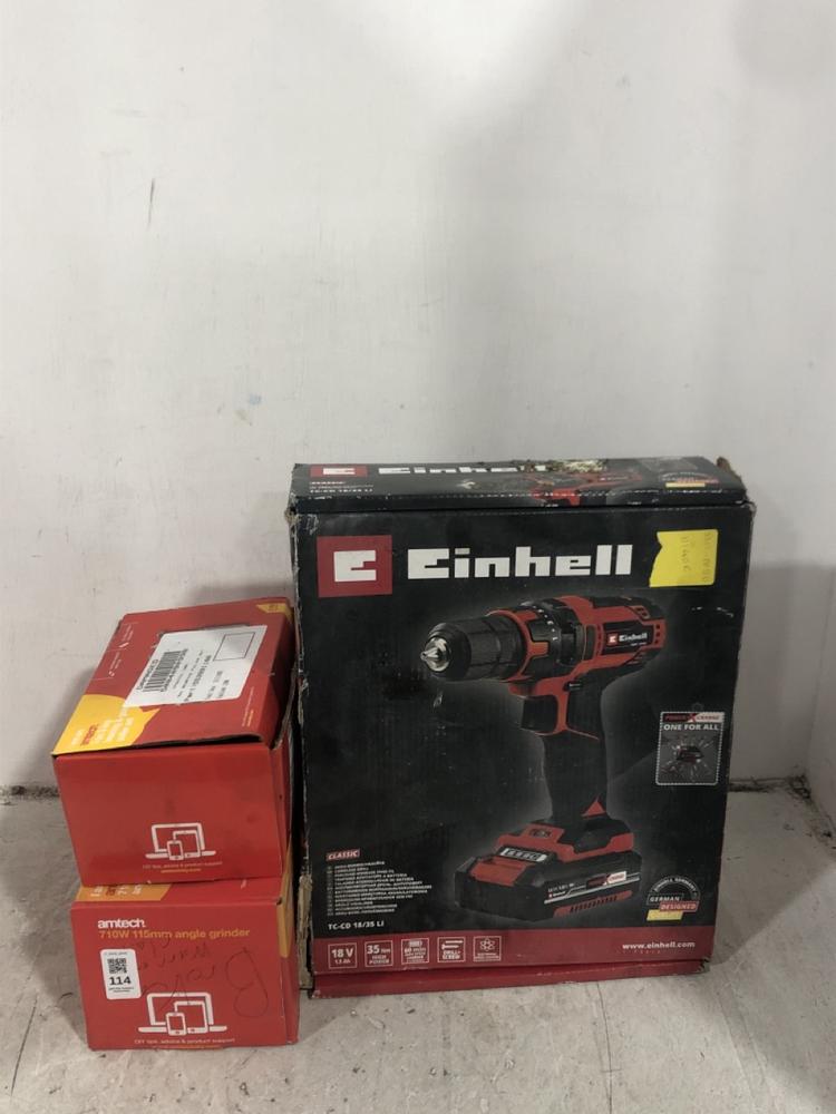 Lot 114  
            Chesterfield SR45 - Parcel Delivery Only 

                
3X ASSORTD ITEMS TO INCLUDE EINHELL 18V CORDLESS DRILL (LOCATION: F2)