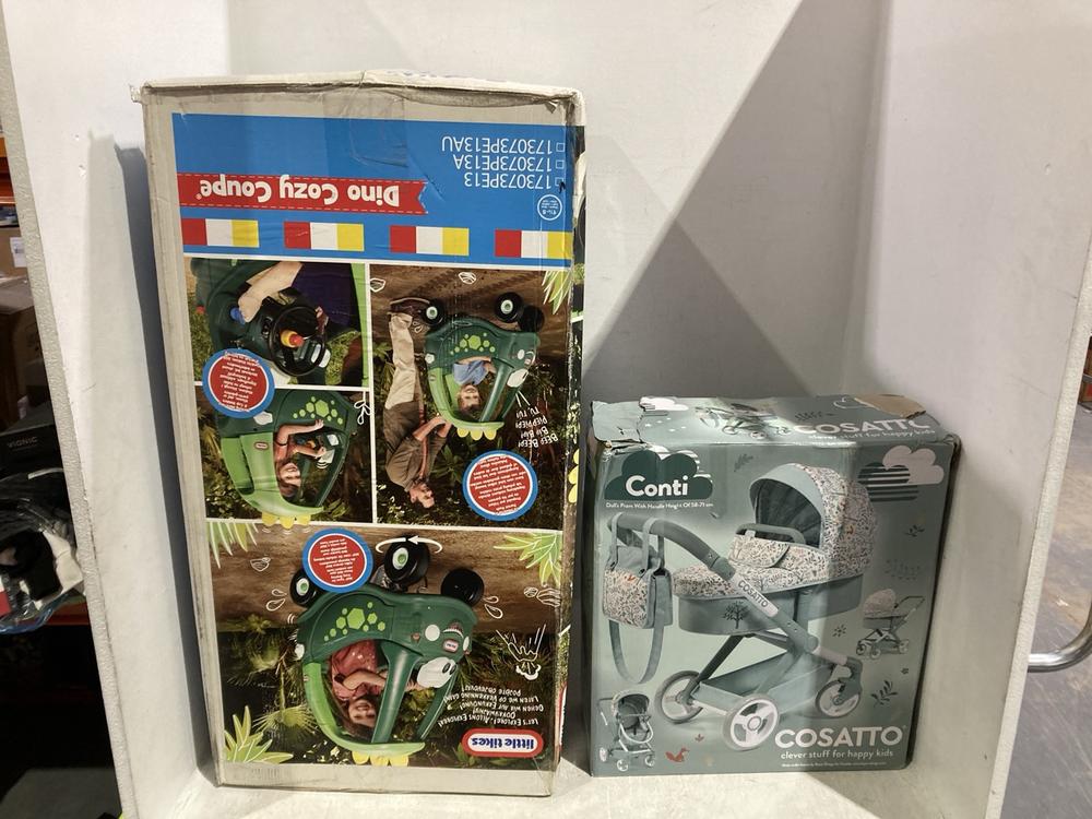 Lot 1169  
            Chesterfield SR45 - Parcel Delivery Only 

                
LITTLE TIKES DINO COZY COUPE TO INCLUDE CASSATI CONTI DOLLS PRAM WITH HANDLE HEIG...
