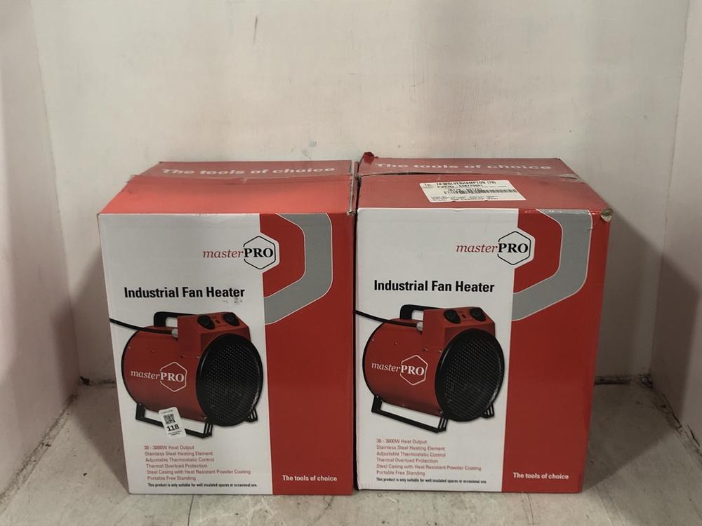 Lot 118  
            Chesterfield SR45 - Parcel Delivery Only 

                
2X MASTERPRO IDUSTRIAL FAN HEATER (LOCATION: F2)