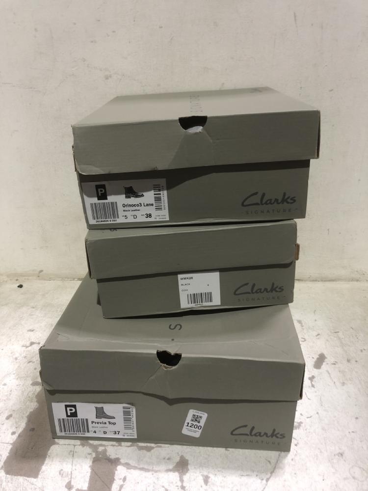 Lot 1200  
            Chesterfield SR45 - Parcel Delivery Only 

                
3X ASSORTED SHOES TO INCLUDE CLARKS PREVA TOP BLACK LEATHER UK 4 (LOCATION: C8)