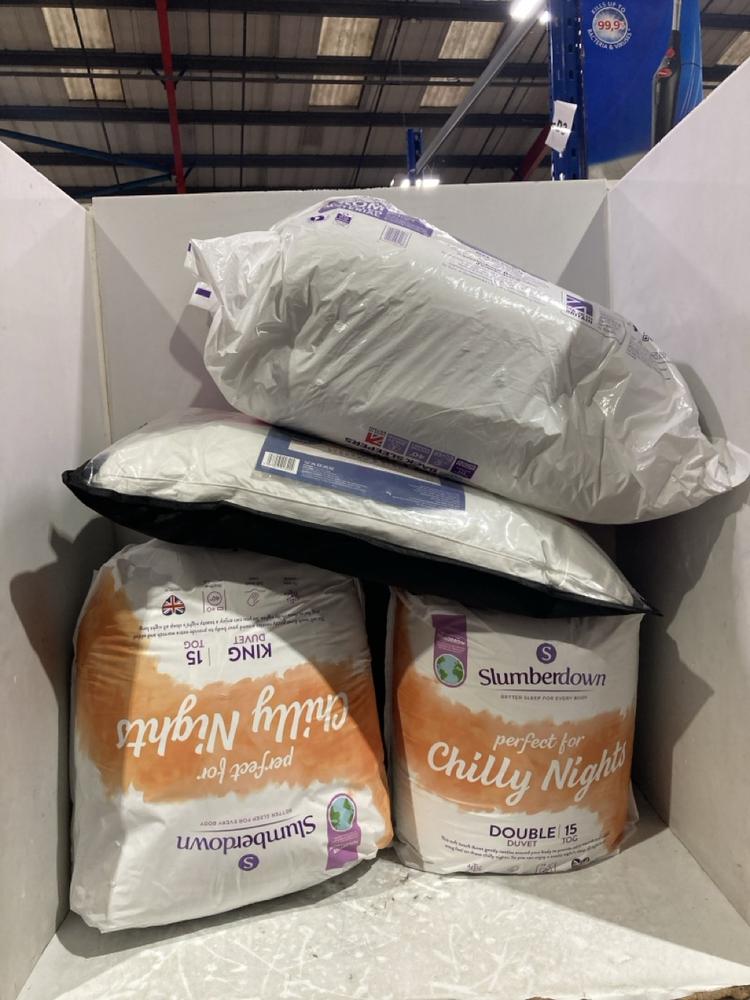 Lot 1228  
            Chesterfield SR45 - Parcel Delivery Only 

                
5X ASSORTED BEDDING TO INCLUDE SLUMBERDOWN PERFECT FOR CHILLY NIGHTS KING DUVET (...