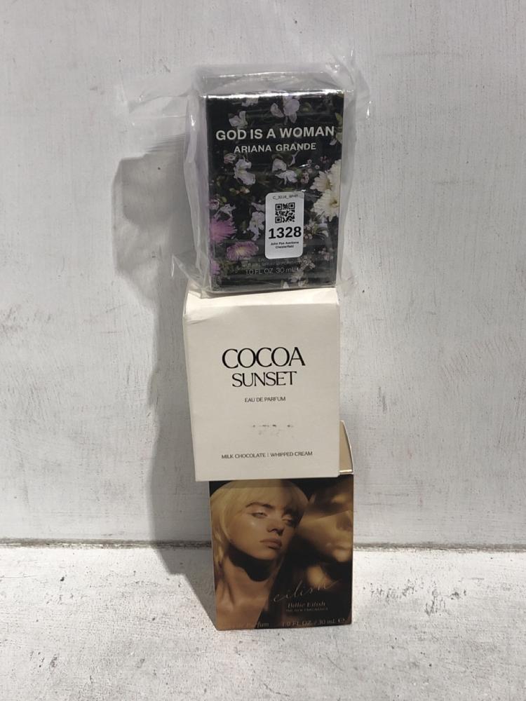 Lot 1328  
            Chesterfield SR45 - Parcel Delivery Only 

                
3 X ASSORTED WOMENS FRAGRANCES TO INCLUDE ARIANA GRANDE - GOD IS A WOMAN 30ML EAU...