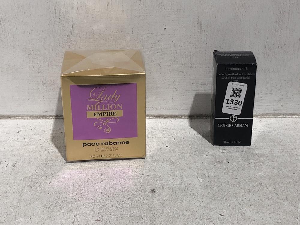 Lot 1330  
            Chesterfield SR45 - Parcel Delivery Only 

                
PACO RABANNE LADY MILLION EMPIRE 80ML EAU DE PARFUM TO INCLUDE GIORGIO ARMANI 30M...