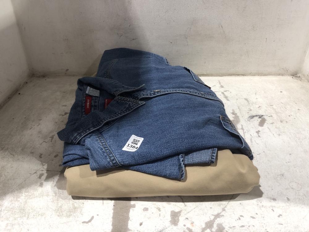 Lot 1384  
            Chesterfield SR45 - Parcel Delivery Only 

                
LEVIS BLUE DENIM SHIRT SIZE XL TO INCLUDE POLO BY RALPH LAUREN TANNED DENIM JACKE...