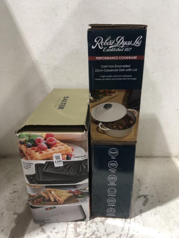 Lot 1385  
            Chesterfield SR45 - Parcel Delivery Only 

                
3 X ASSORTED ITEMS TO INCLUDE SALTER XL 3-IN-1 SNACK MAKER (LOCATION: B7)