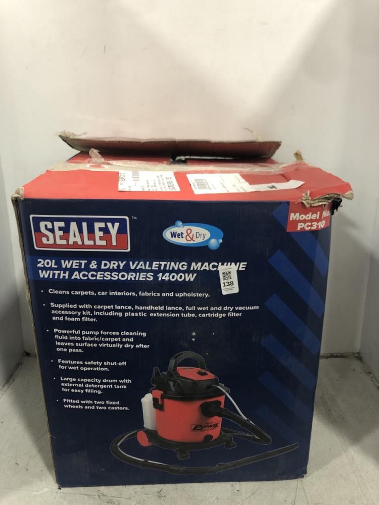 Lot 138  
            Chesterfield SR45 - Parcel Delivery Only 

                
SEALEY 20L WET AND DRY VALETING MACHINE WITH ACCESORIES 1400W (LOCATION: F2)