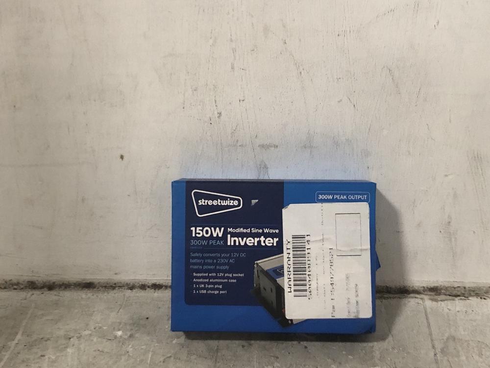 Lot 147  
            Chesterfield SR45 - Parcel Delivery Only 

                
STREETWIZE 150W MODIFIED SINE WAVE 300W PEAK INVERTER (LOCATION: F3)