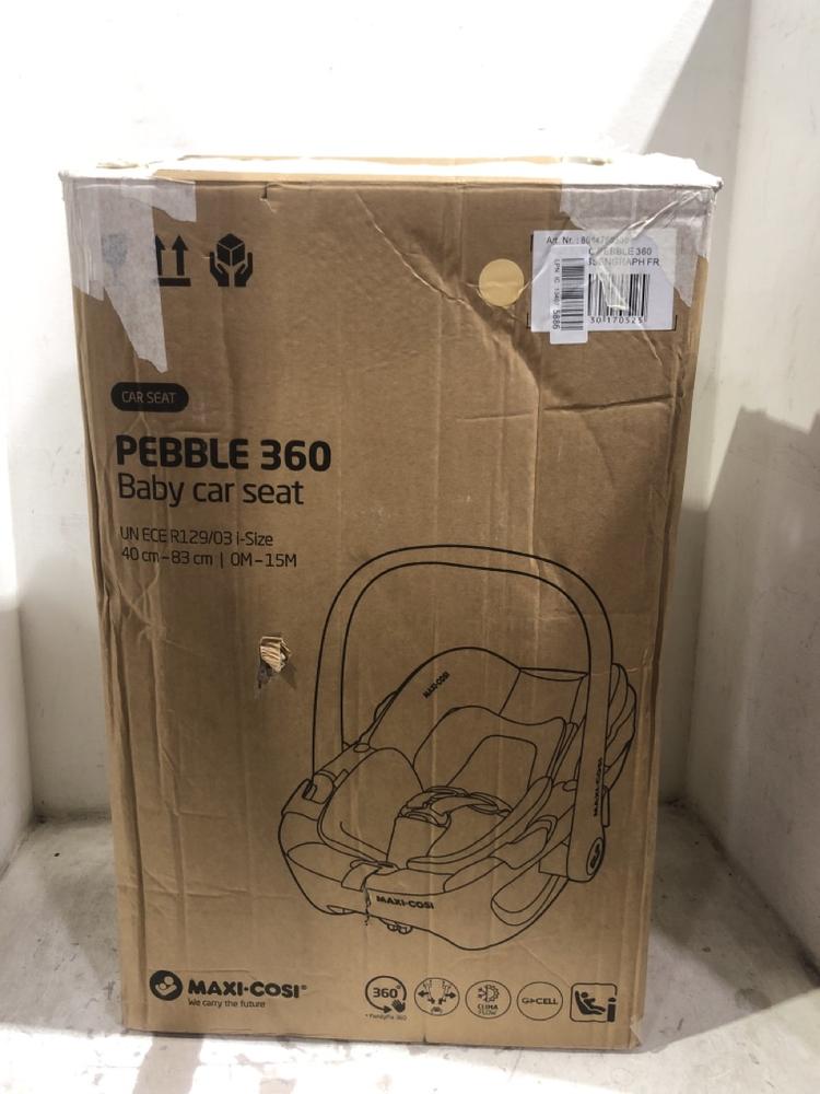 Lot 1536  
            Chesterfield SR45 - Parcel Delivery Only 

                
MAXI COSI PEBBLE 360 CAR SEAT ORIGINAL RRP £209 (LOCATION: B9)