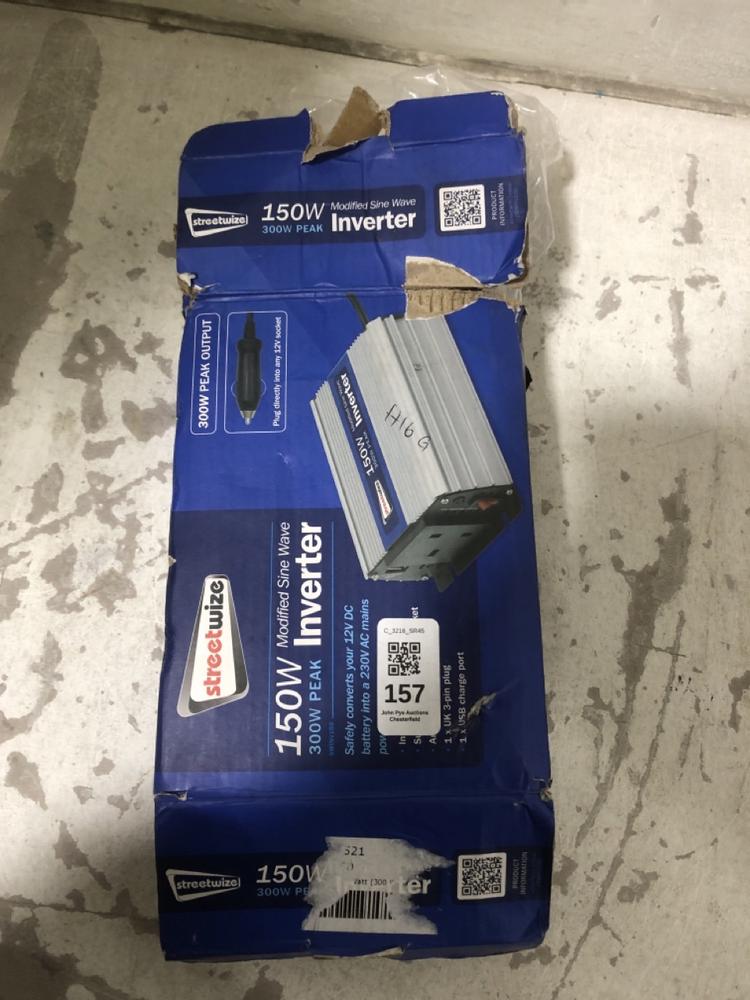 Lot 157  
            Chesterfield SR45 - Parcel Delivery Only 

                
STREETWIZE 150W MODIFIED SINE WAVE 300W PEAK INVERTER (LOCATION: F3)