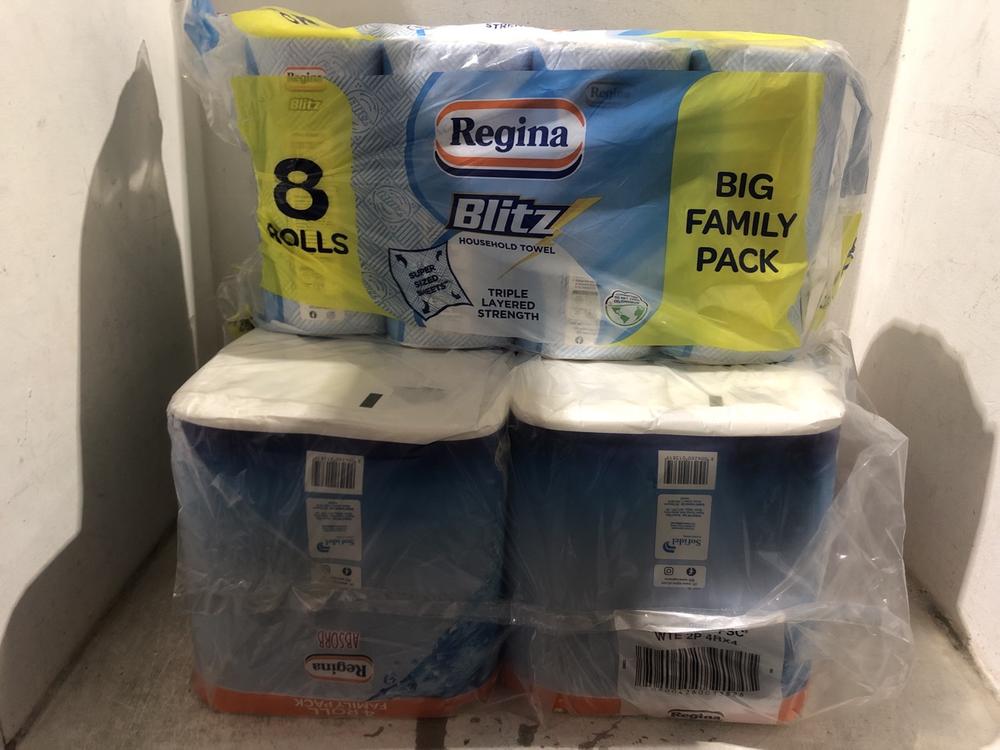 Lot 1606  
            Chesterfield SR45 - Parcel Delivery Only 

                
3X ASSORTED KITCHEN ROLL TO INCLUDE REGINA 8 ROLLS BIG FAMILY PACK (LOCATION: A4)
