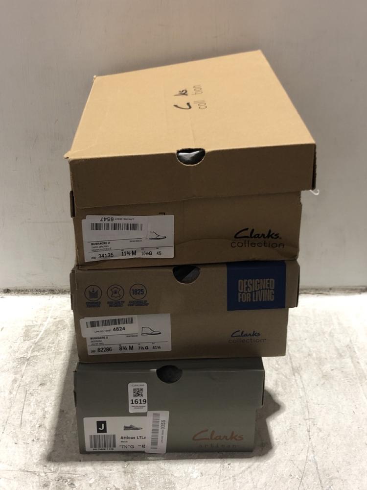 Lot 1619  
            Chesterfield SR45 - Parcel Delivery Only 

                
3 X ASSORTED CLARKS SHOES TO INCLUDE ATTICUS LTLACE IN BLACK SIZE 7.5 (LOCATION: A5)