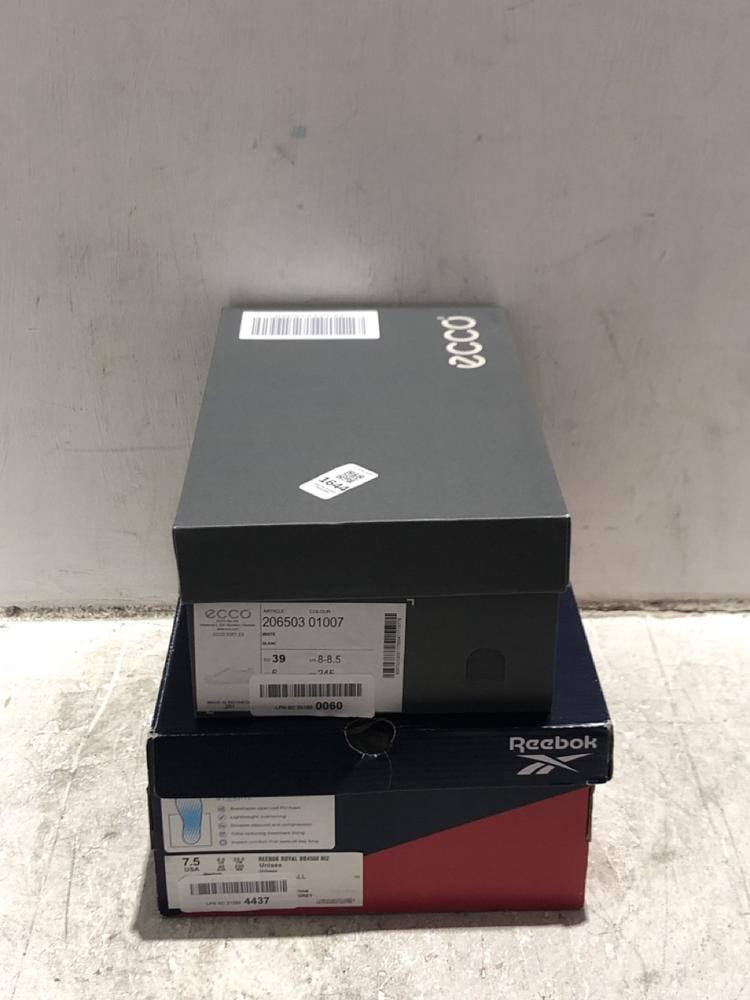 Lot 1644  
            Chesterfield SR45 - Parcel Delivery Only 

                
ECCO SOFT 2.0 TRAINERS IN WHITE SIZE 6 TO INCLUDE REEBOK ROYAL BB4500 HI2 TRAINER...