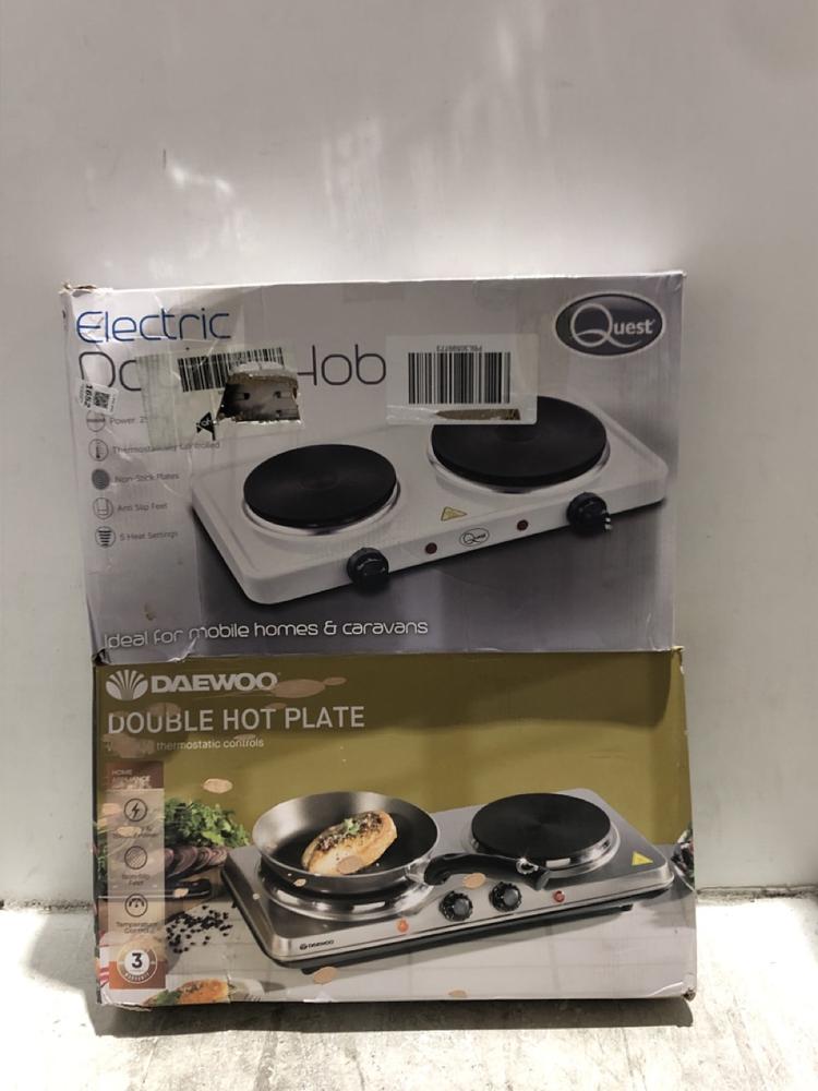 Lot 1652  
            Chesterfield SR45 - Parcel Delivery Only 

                
QUEST ELECTRIC DOUBLE HOB TO INCLUDE DAEWOO DOUBLE HOT PLATE (LOCATION: A5)