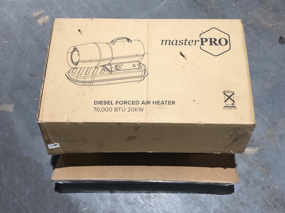 Lot 29  
            Chesterfield SR45 - Parcel Delivery Only 

                
MASTER PRO DIESEL FORCED AIR HEATER 70,000 BTU ORIGINAL RRP £269 (LOCATION: B1)