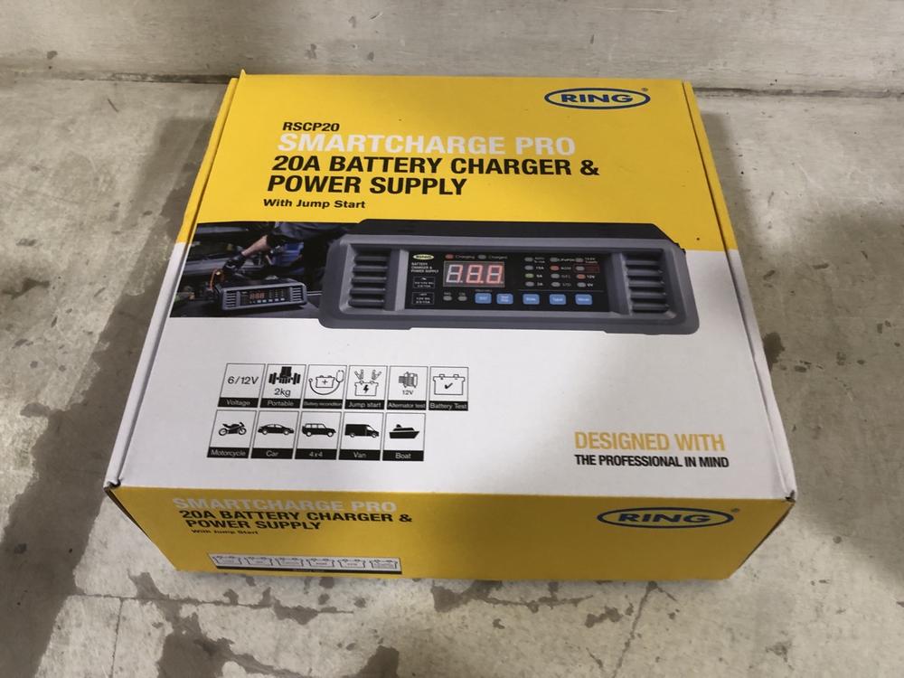 Lot 363  
            Chesterfield SR45 - Parcel Delivery Only 

                
RING SMART CHARGE PRO 20A BATTERY CHARGER & POWER SUPPLY WITH JUMP START (LOCATIO...