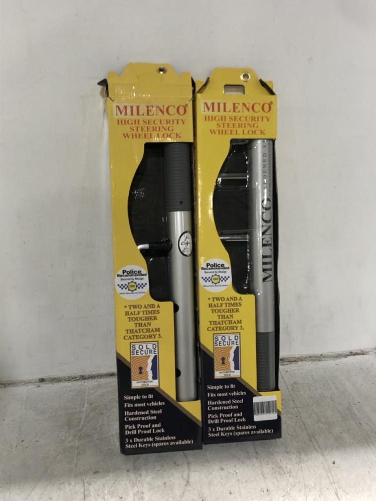 Lot 384  
            Chesterfield SR45 - Parcel Delivery Only 

                
2X MILENCO HIGH SECURITY STEERING WHEEL LOCK ORIGINAL RRP £150 (LOCATION: F8)