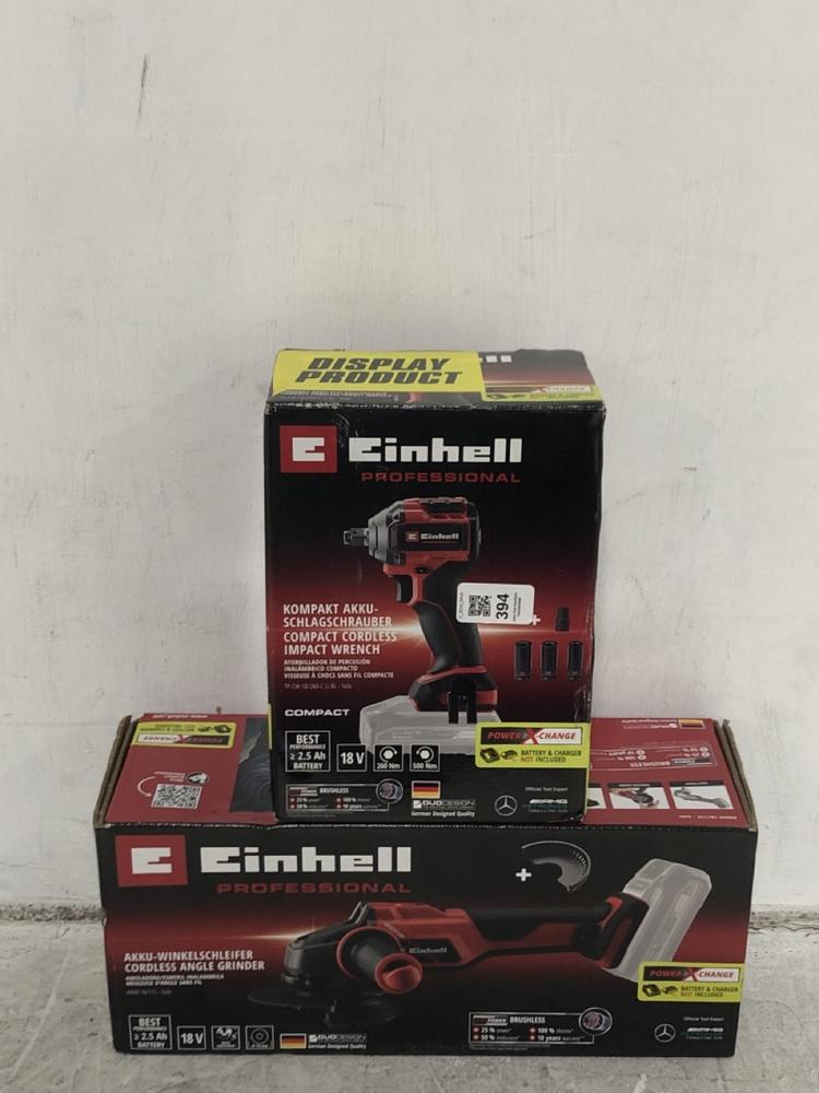 Lot 394  
            Chesterfield SR45 - Parcel Delivery Only 

                
EINHELL COMPACT CORDLESS IMPACT WRENCH TO INCLUDE EINHELL CORDLESS ANGLE GRINDER ...