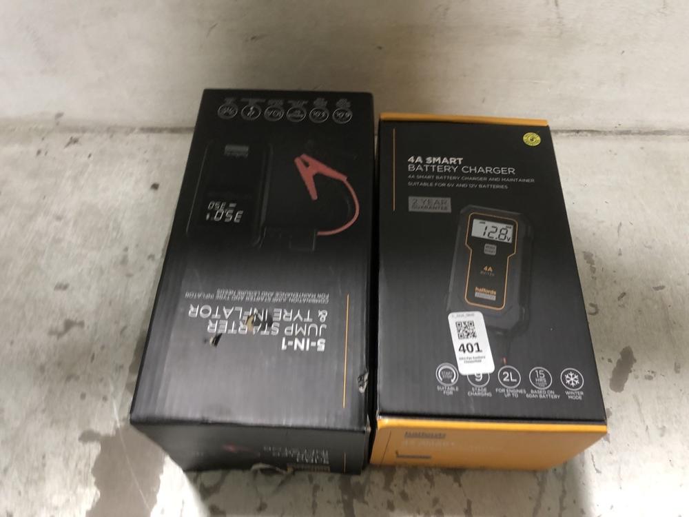 Lot 401  
            Chesterfield SR45 - Parcel Delivery Only 

                
4A SMART BATTERY CHARER TO INCLUDE 5 IN 1 JUMP STARTER & TYRE INFLATOR (LOCATION:...