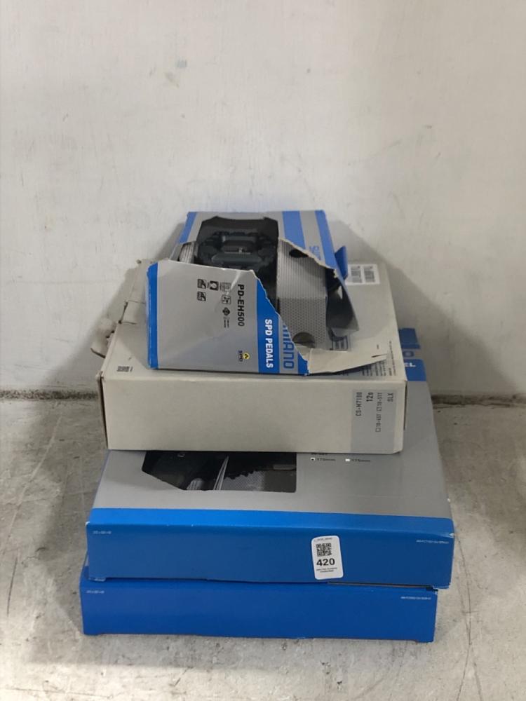 Lot 420  
            Chesterfield SR45 - Parcel Delivery Only 

                
4X ASSORTED BIKE PARTS TO INCLUDE SHIMANO SPD PEDALS PD-EH500 (LOCATION: F9)