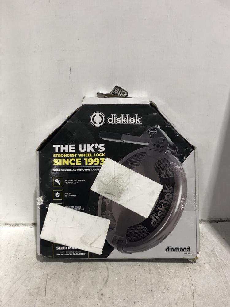 Lot 42  
            Chesterfield SR45 - Parcel Delivery Only 

                
DIAMOND EDITION DSIKLOK SOLD SECURE AUTOMOTIVE DIAMOND MEDIUM 39CM - 44CM (LOCATI...