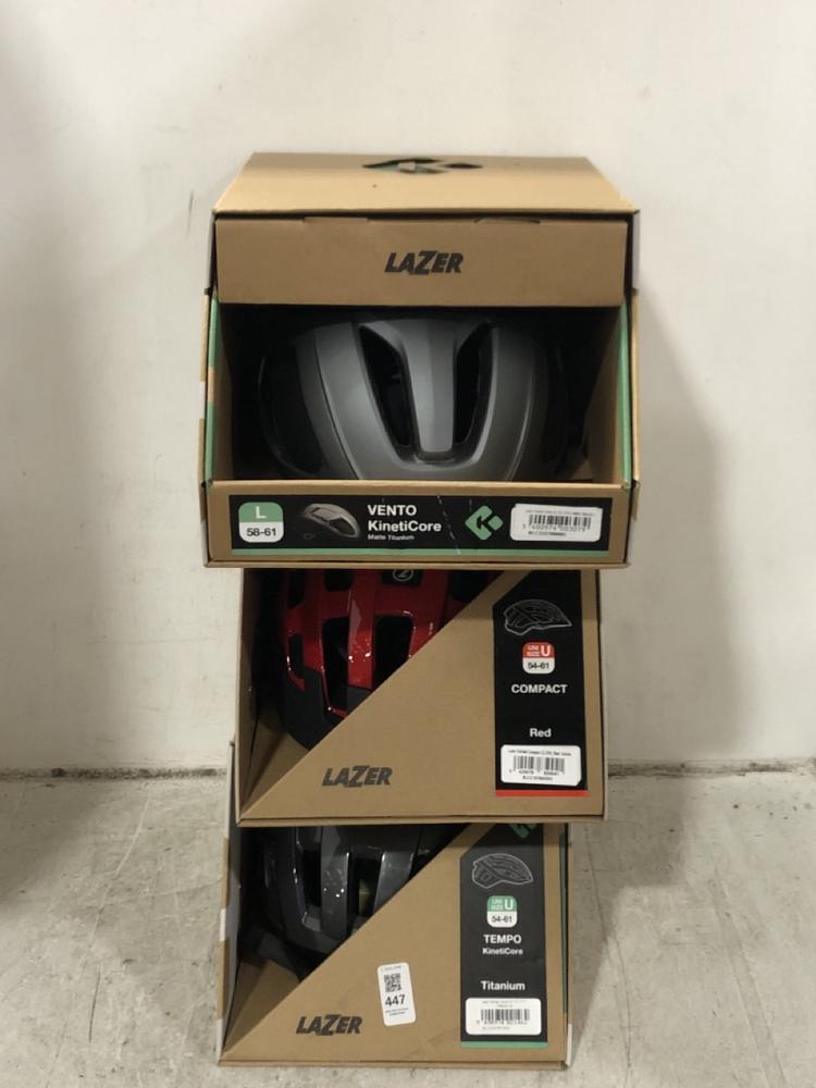 Lot 447  
            Chesterfield SR45 - Parcel Delivery Only 

                
3X ASSORTED HELMETS TO INCLIUDE LAZER TEMPO KINETIC CORE TITANIUM UNI SIZE 54-61 ...