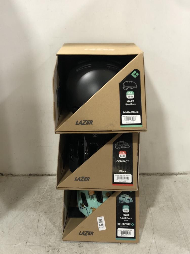 Lot 448  
            Chesterfield SR45 - Parcel Delivery Only 

                
3X ASSORTED HELMETS TO INCLUDE LAZER PNUT KINETICORE TODDLER SIZE 46-52 (LOCATION...