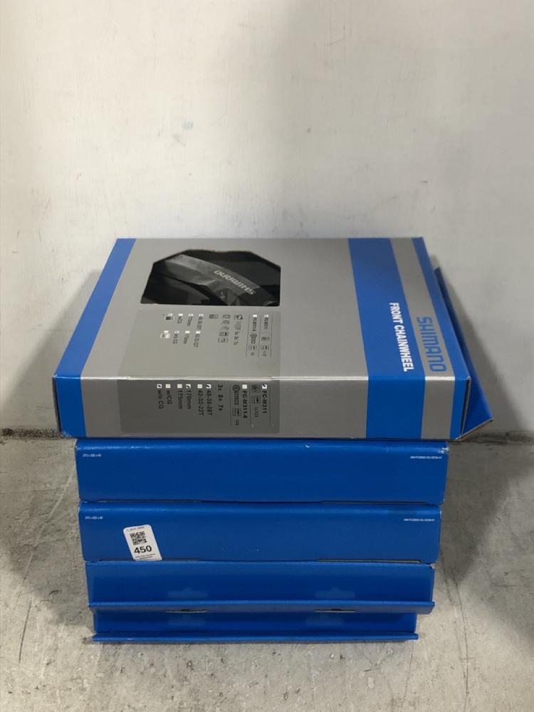 Lot 450  
            Chesterfield SR45 - Parcel Delivery Only 

                
5X ASSORTED SHIMANO FRONT CHAINWHEEL TO INCLUDE SHIMANO FRONT CHAINWHEEL FC-M311 ...