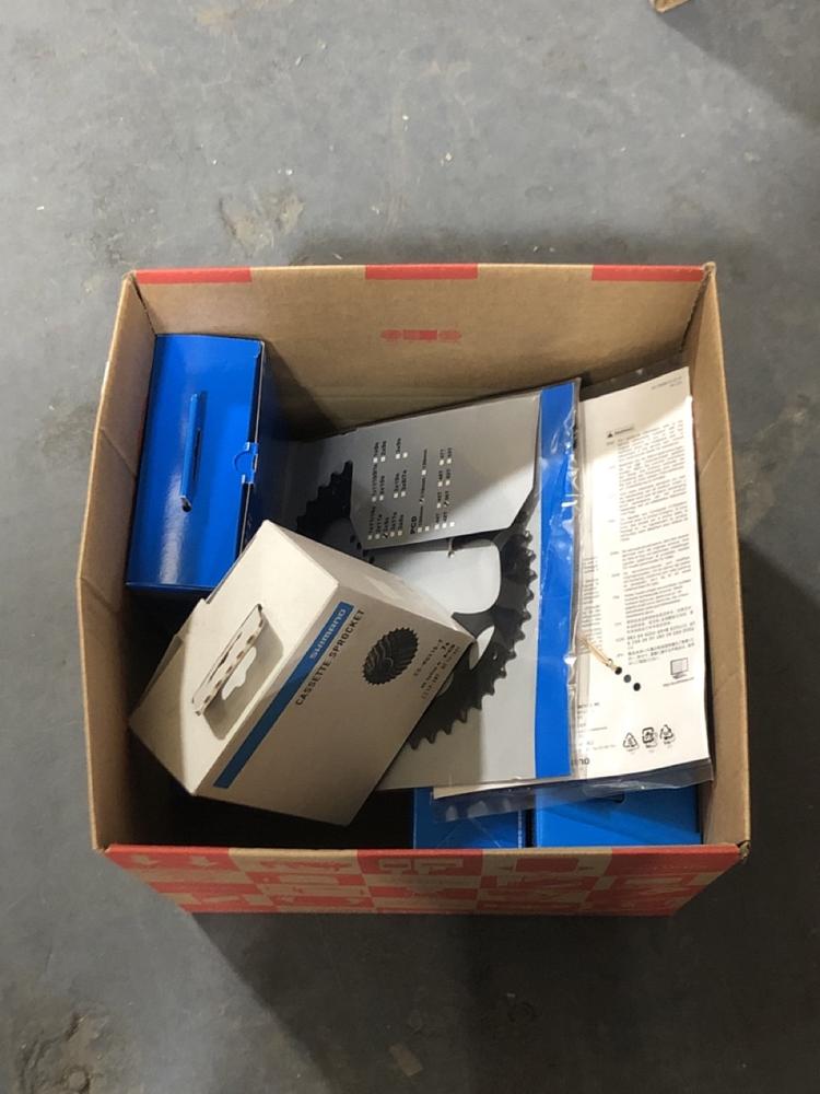 Lot 455  
            Chesterfield SR45 - Parcel Delivery Only 

                
7X ASSORTED BIKE PARTS TO INCLUDE SHIMANO CASSETTE SPROCKET 11-34T GS-HG50-8 (LOC...